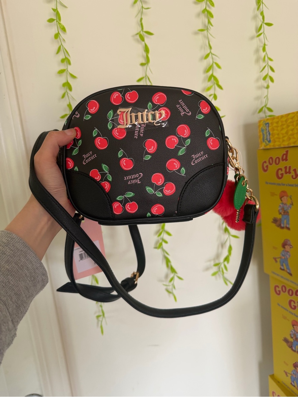 Juicy Couture Black Crossbody Bag with Red Cherry Print